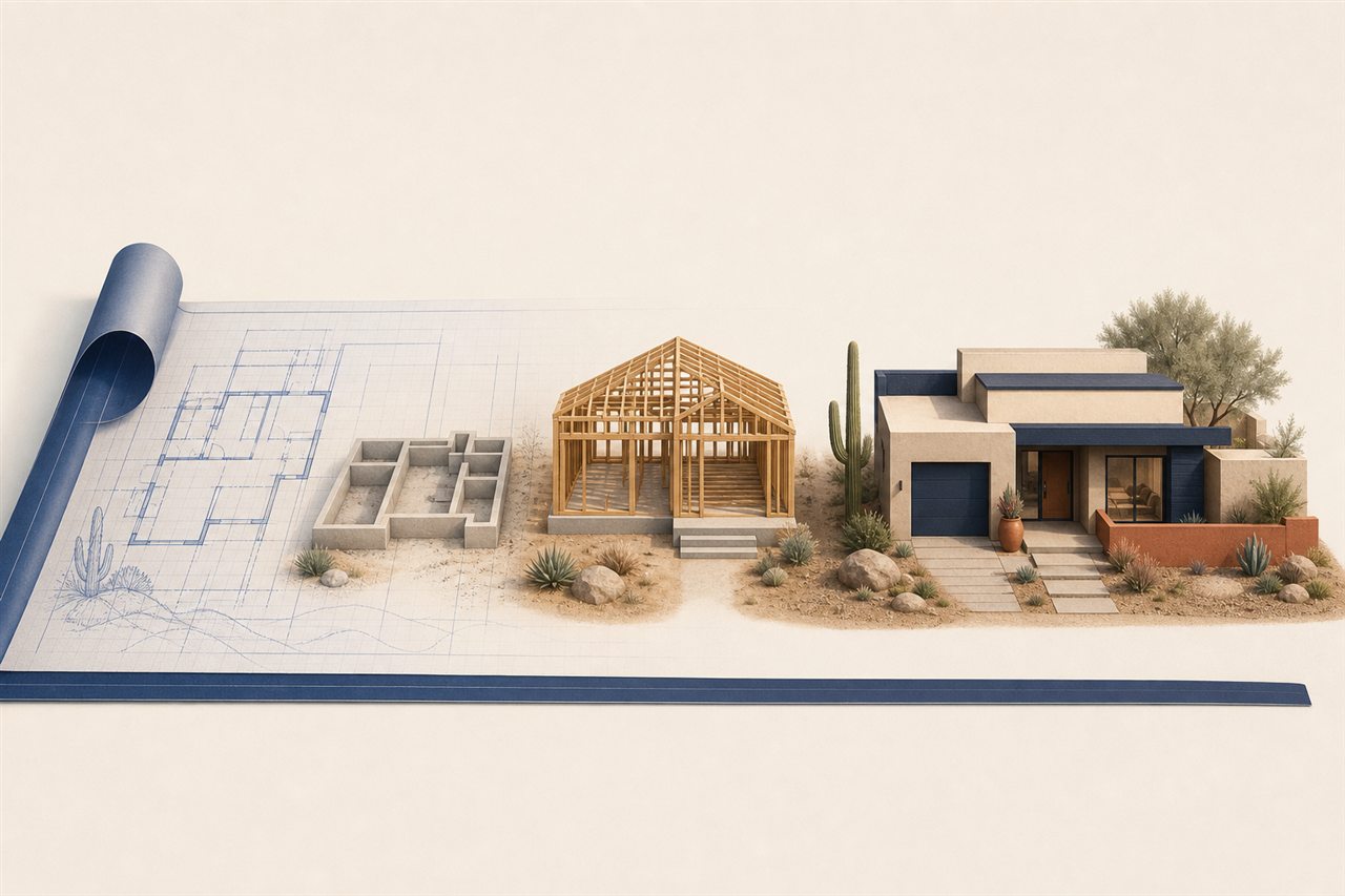 Blueprint progressing through foundation, framing, and a completed desert home